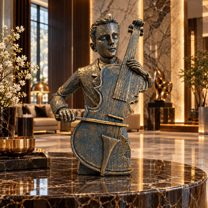 Musical Elegance Statue D35 Antique Gold & Blue Cello Player Decor