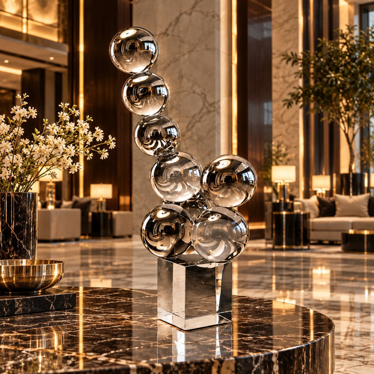 Contemporary Silver Sphere Sculpture D4 Modern Artistic Home Decor