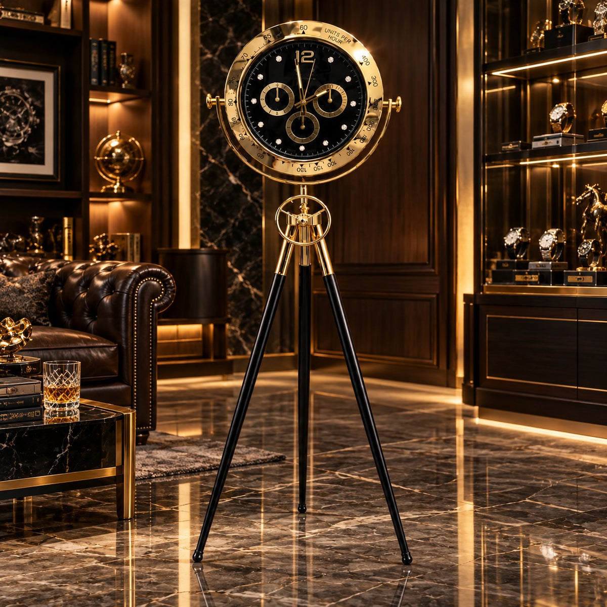 Gold & Black Stand Clock D53 Luxury Tripod Floor Clock
