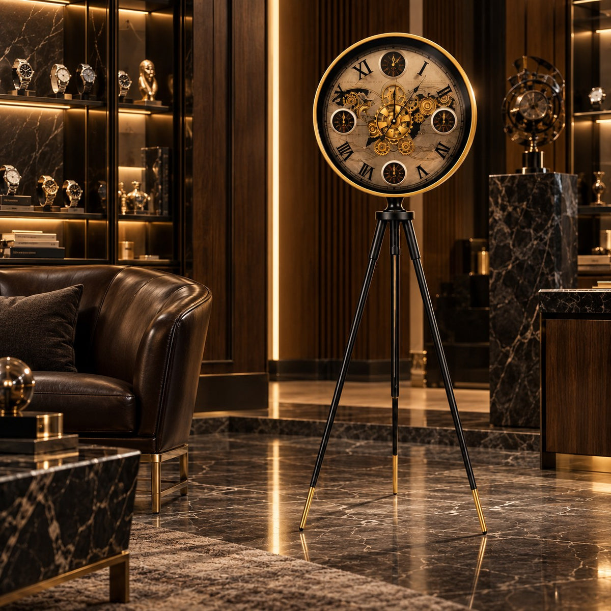 Stand Clock D50 Luxury Tripod Floor Clock with Gold & Black Finish