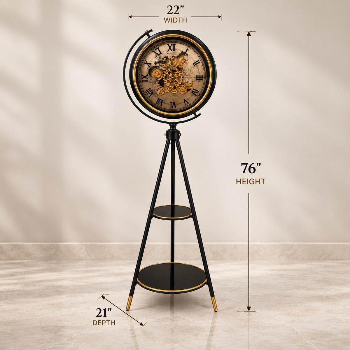 Tripod Stand Clock D52 Modern Luxury Floor Clock with Glass Shelves